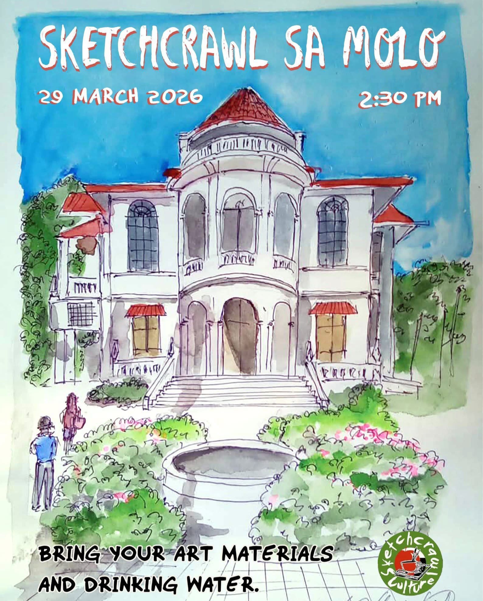 Poster for Sketchcrawl sa Molo · 29 March 2026, with a watercolour sketch of a mansion